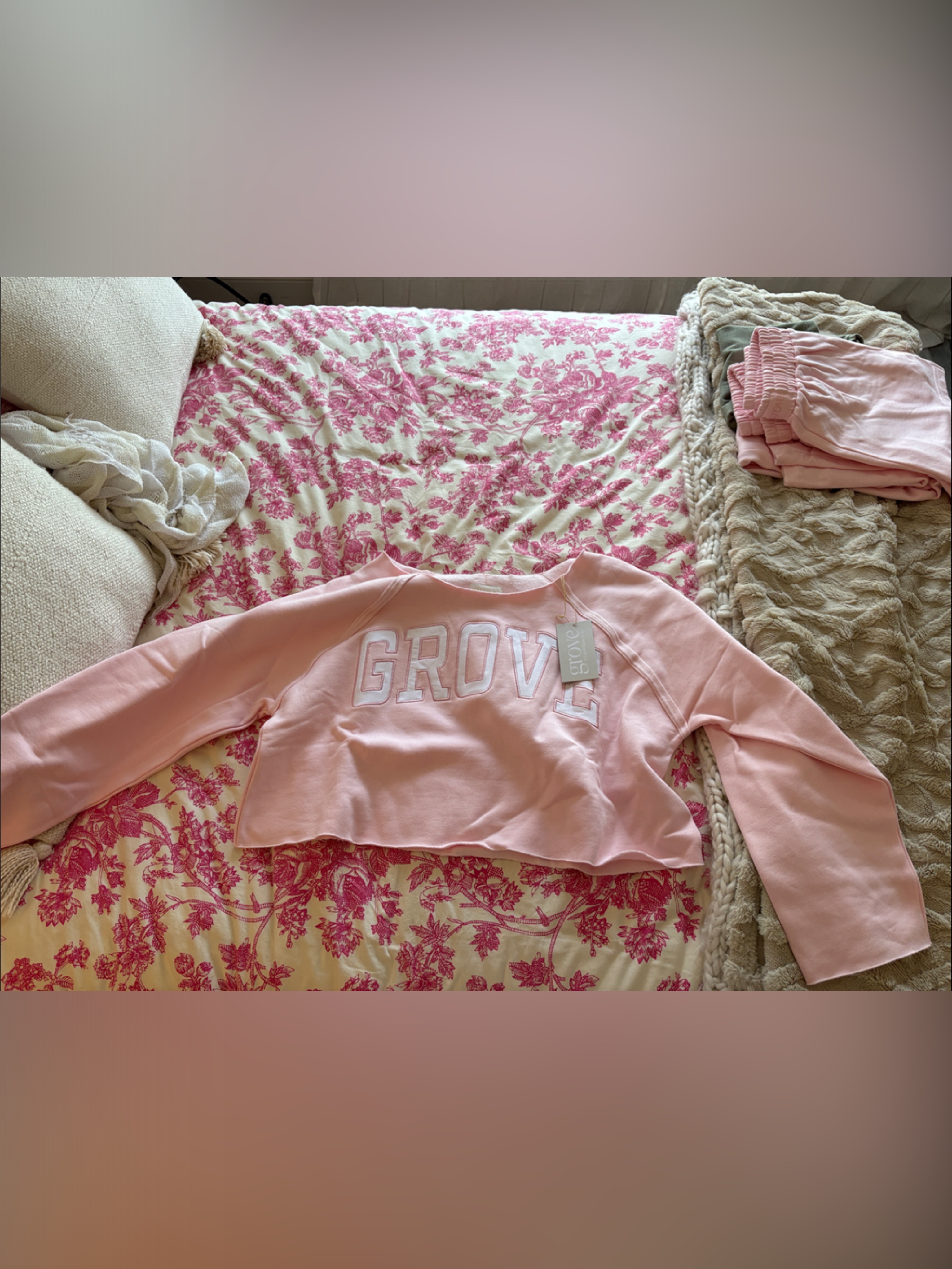 Grove Peony Pink Cropped Off The Shoulder Sweatshirt